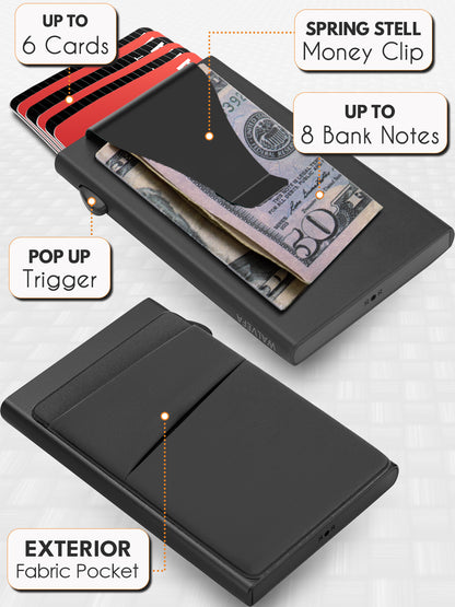 Pop Up Card Holder Wallet - Minimalist Slim Stealth Wallet for Men - RFID Blocking Mens Wallet with Money Clip Cash Pocket - Aluminum Metal Push Button Wallet for Notes,Coins